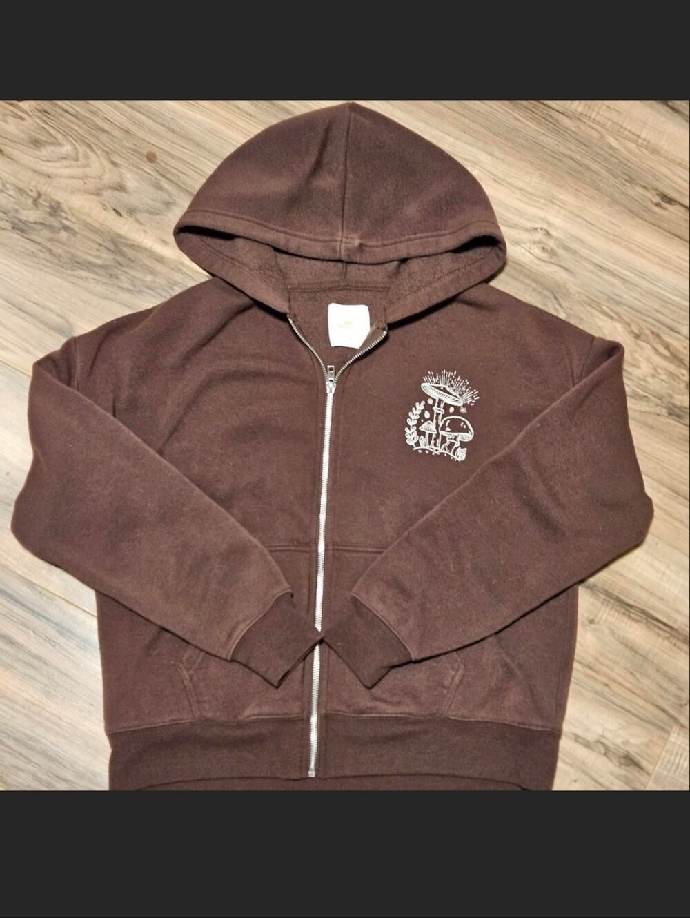 Juniors Brown Full-Zip Hoodie with Mushroom Print